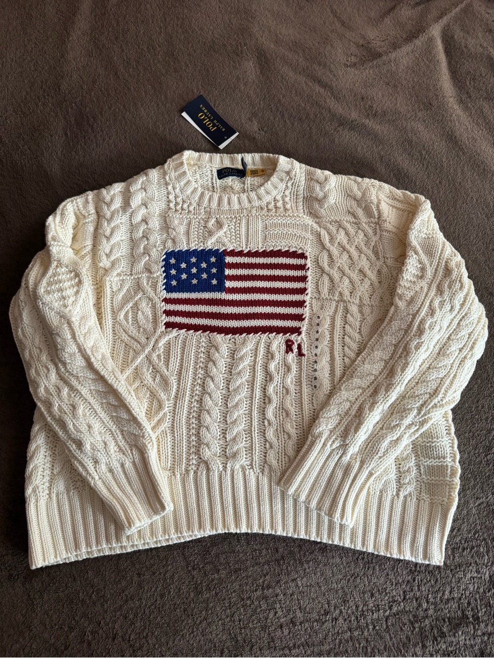 Polo by Ralph Lauren Cream Cable Knit Sweater with USA Flag